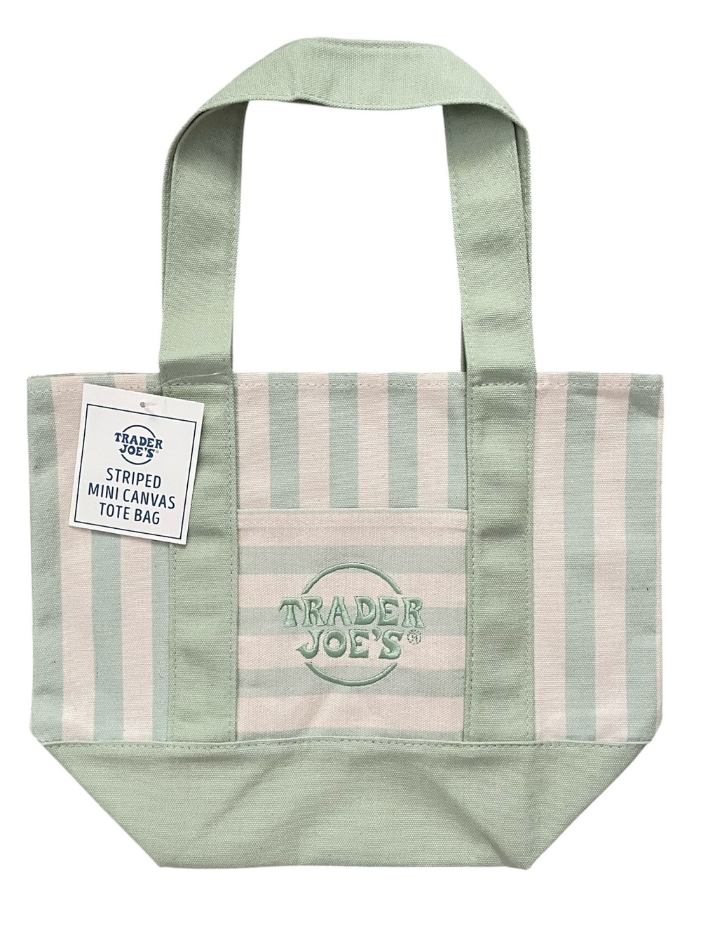 Trader Joe's Striped Mini Canvas Tote Pastel Green and Tan - Picture 2 of 6